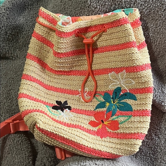 Vera Bradley Straw Mini Backpack Floral Stripe Like New Vera Bradley Mini Straw Backpack In Candy Pink Stripe Straw  main image 4